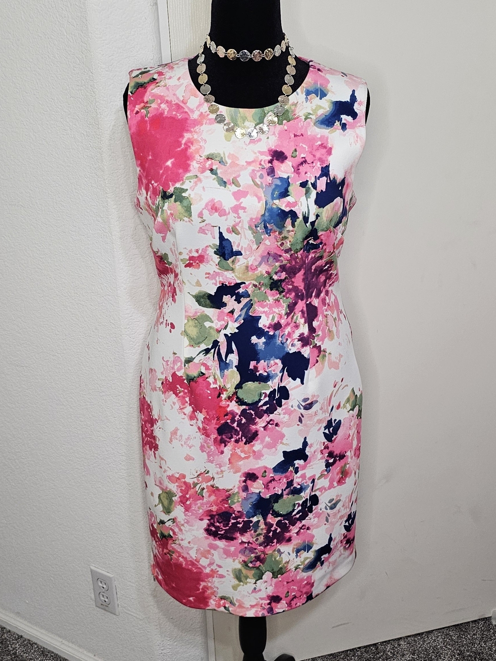 DKNY White Floral Midi Dress with Pink, Navy & Green Accent Sz 10